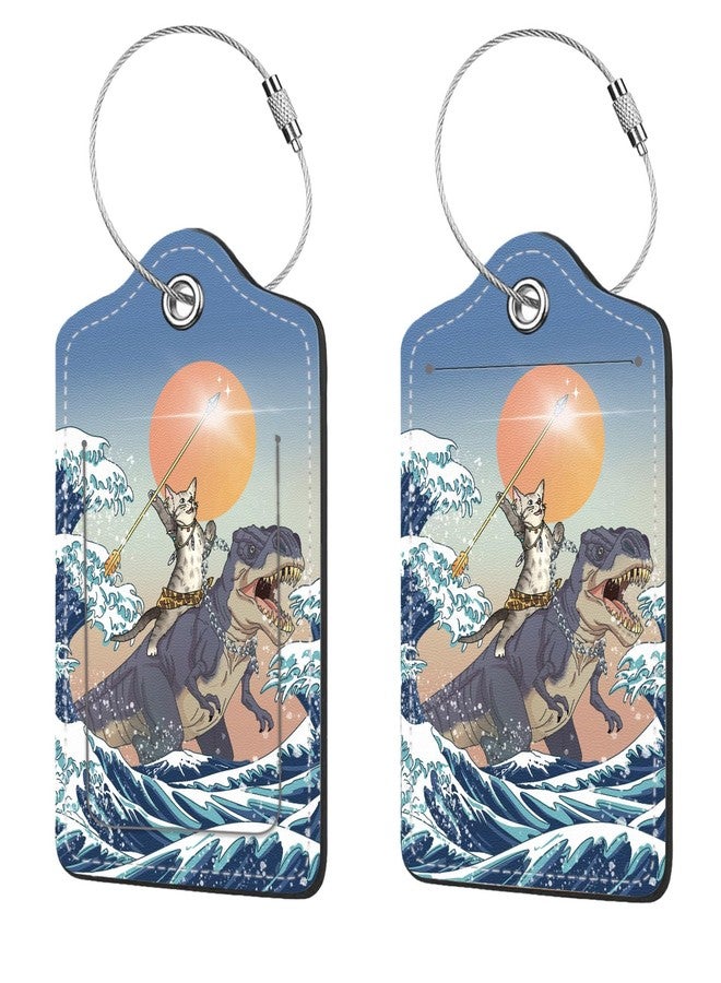 Anikathy 2 Pcs Luggage Tags for Suitcase, Cute Unique PU Leather Travel Bag Tag with Privacy Cover ID Label Address Card and Durable Metal Ring Suitable for Men Women Children Backpack,Cat Riding Dinosaur - Image 1