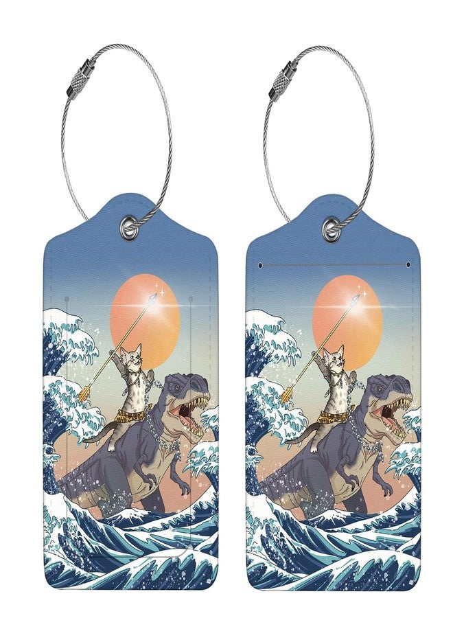 Anikathy 2 Pcs Luggage Tags for Suitcase, Cute Unique PU Leather Travel Bag Tag with Privacy Cover ID Label Address Card and Durable Metal Ring Suitable for Men Women Children Backpack,Cat Riding Dinosaur - Image 4