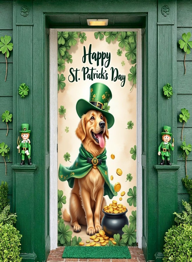 Woosytoo St Patrick's Day Door Cover Lucky Dog Green Shamrock Banner Happy Saint Patrick’s Day Door Banner for Lucky Irish Party Decorations, 70.8 x 35.4 Inch - Image 1