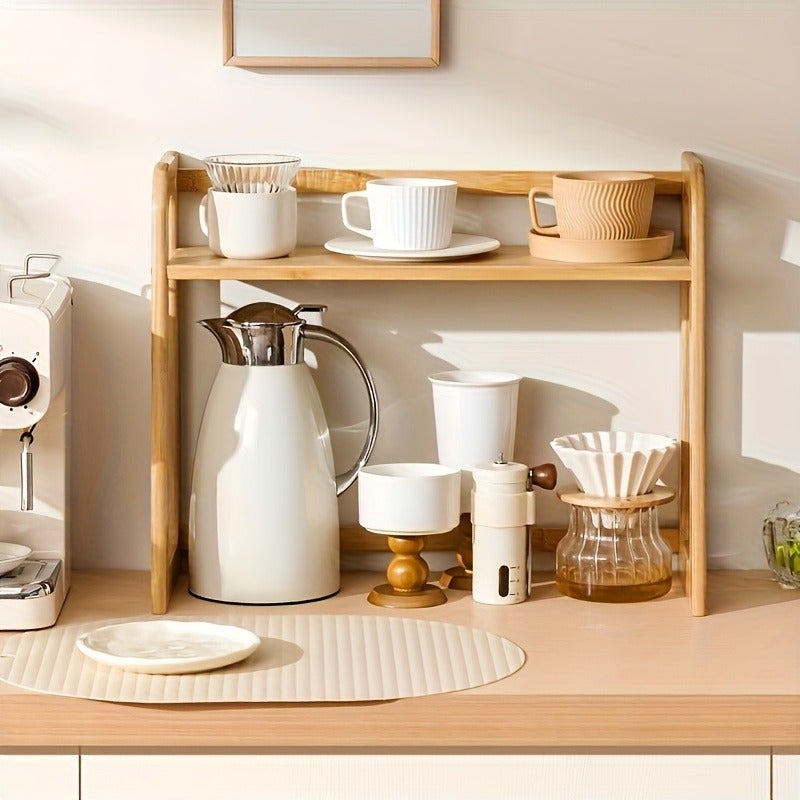 2 Tier Bamboo Countertop Organizer - Modern Cream Style, Natural Wood Finish, Multi-Purpose Storage for Kitchen, Office, Bedroom, Dorm Room - Great for Mugs, Glassware Sturdy Frame Design, Bamboo Shelves, Utility Shelves, Standing Shelf - Image 5