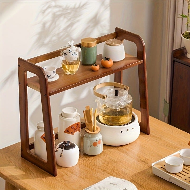 2 Tier Bamboo Countertop Organizer - Modern Cream Style, Natural Wood Finish, Multi-Purpose Storage for Kitchen, Office, Bedroom, Dorm Room - Great for Mugs, Glassware Sturdy Frame Design, Bamboo Shelves, Utility Shelves, Standing Shelf - Image 2