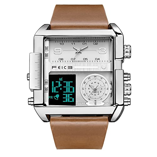FEICE Wathes for Men Digital LED Analog Quartz Wristwatch Business Men’s Watch Multifunction Square Chronograph 24H Calendar Leather Band Unique FK030 - Image 1