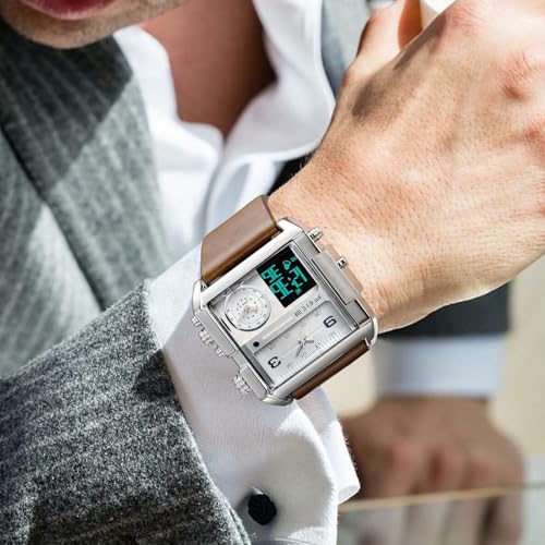 FEICE Wathes for Men Digital LED Analog Quartz Wristwatch Business Men’s Watch Multifunction Square Chronograph 24H Calendar Leather Band Unique FK030 - Image 4