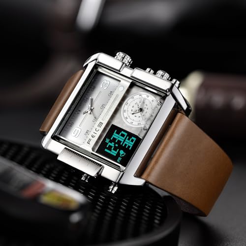 FEICE Wathes for Men Digital LED Analog Quartz Wristwatch Business Men’s Watch Multifunction Square Chronograph 24H Calendar Leather Band Unique FK030 - Image 2