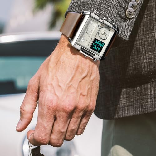 FEICE Wathes for Men Digital LED Analog Quartz Wristwatch Business Men’s Watch Multifunction Square Chronograph 24H Calendar Leather Band Unique FK030 - Image 5