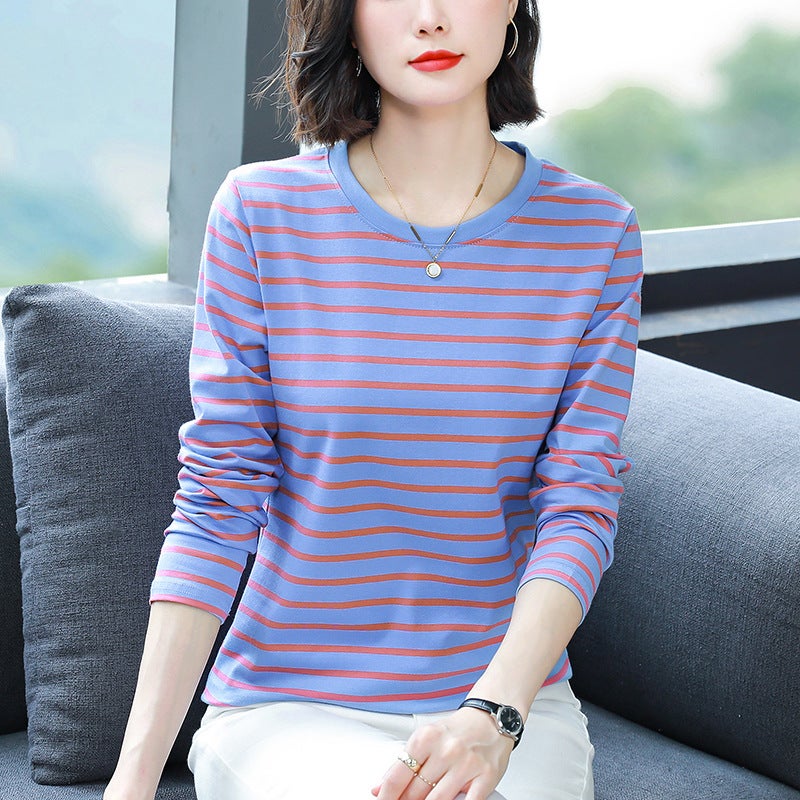 chubby girl plus size Loose Cotton Long-sleeved T-shirt Women's Middle-aged and Elderly Mother's Autumn Clothes Striped Base Shirt Top - Image 1