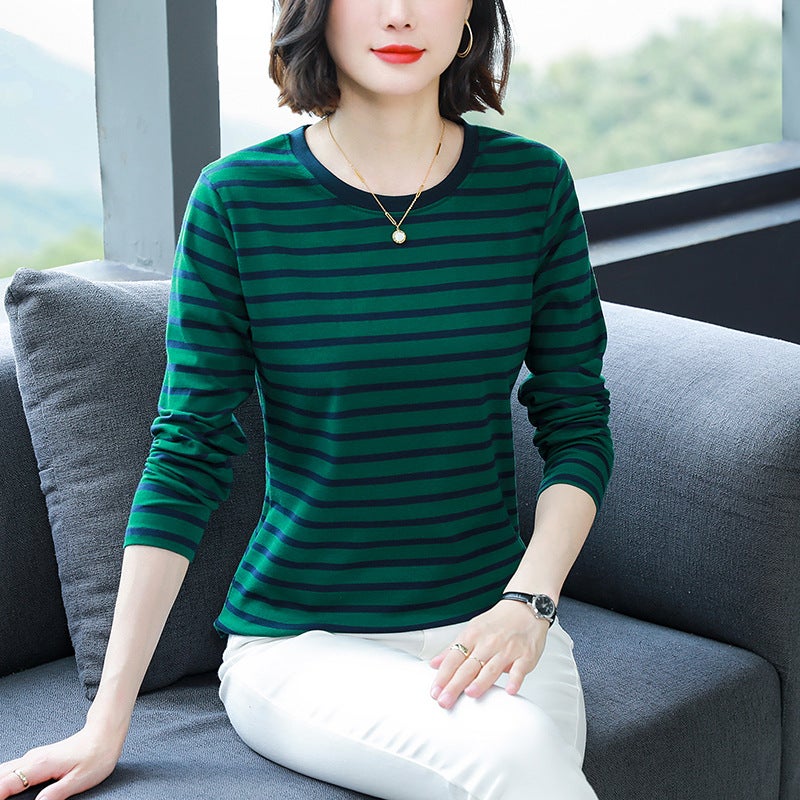 chubby girl plus size Loose Cotton Long-sleeved T-shirt Women's Middle-aged and Elderly Mother's Autumn Clothes Striped Base Shirt Top - Image 5