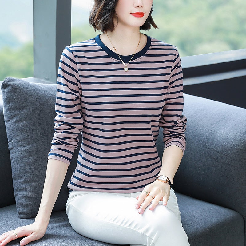 chubby girl plus size Loose Cotton Long-sleeved T-shirt Women's Middle-aged and Elderly Mother's Autumn Clothes Striped Base Shirt Top - Image 4