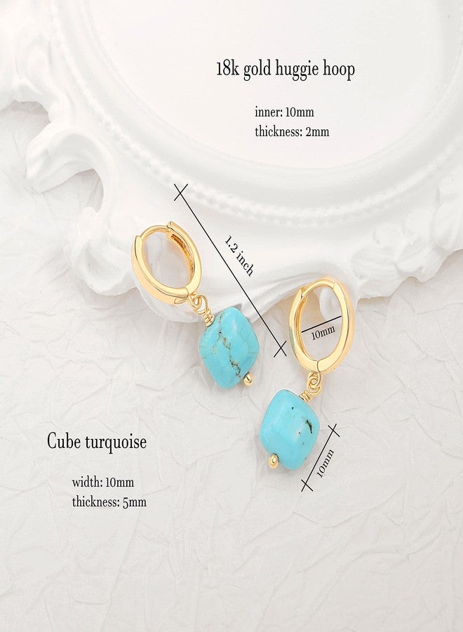 PEARLADA Boho Turquoise Drop Dangle Earrings, 18k Gold Huggie Hoop Earrings with Charms, Trendy Turquoise Jewelry for Women - Image 4
