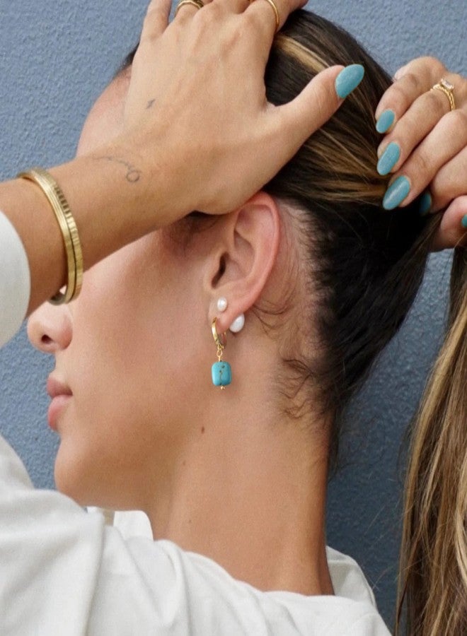 PEARLADA Boho Turquoise Drop Dangle Earrings, 18k Gold Huggie Hoop Earrings with Charms, Trendy Turquoise Jewelry for Women - Image 2