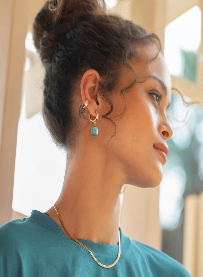 PEARLADA Boho Turquoise Drop Dangle Earrings, 18k Gold Huggie Hoop Earrings with Charms, Trendy Turquoise Jewelry for Women - Image 5