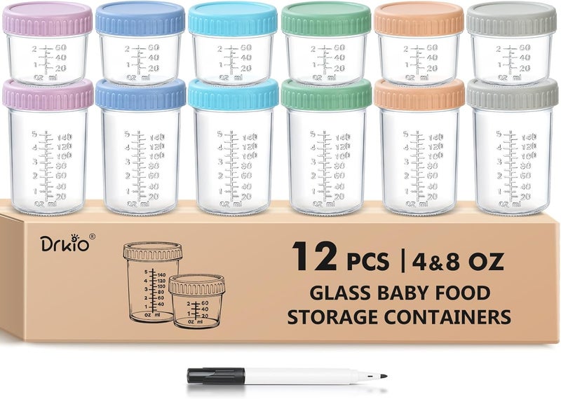 DRKIO 12 Pack Glass Baby Food Storage Containers - 4 & 8 oz Baby Food Jars with Lids Baby Food Maker Microwave Dishwasher Freezer Safe 100% Leak Proof BPA Free Reusable - Image 1
