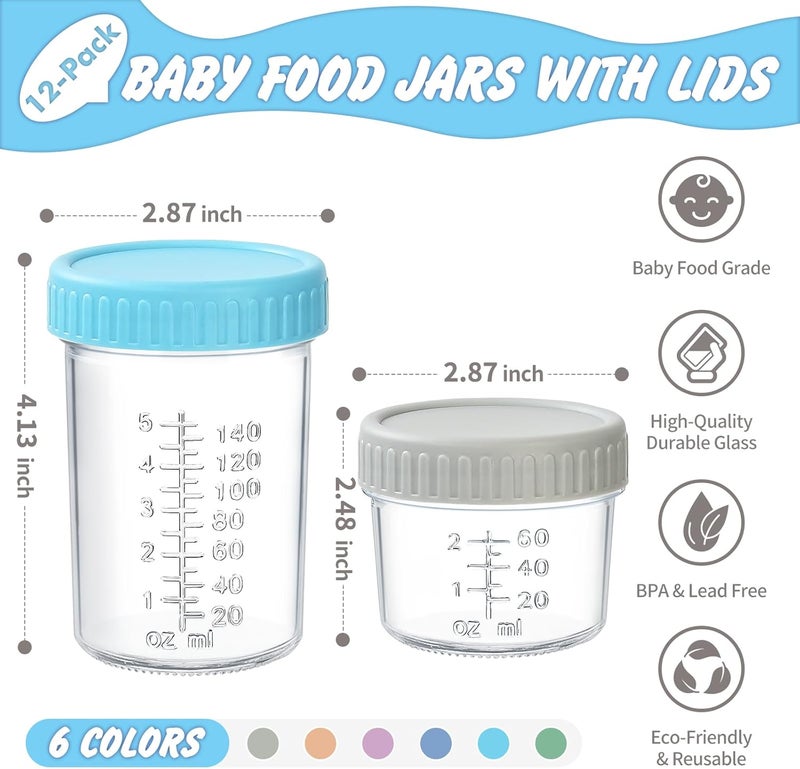 DRKIO 12 Pack Glass Baby Food Storage Containers - 4 & 8 oz Baby Food Jars with Lids Baby Food Maker Microwave Dishwasher Freezer Safe 100% Leak Proof BPA Free Reusable - Image 2