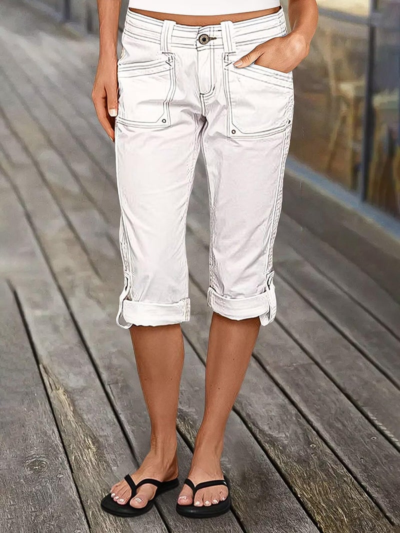 Flamingals Bermuda Shorts for Women Mid Rise Roll Hem Cargo Capris Summer Casual with Flap Pocket White L - Image 2