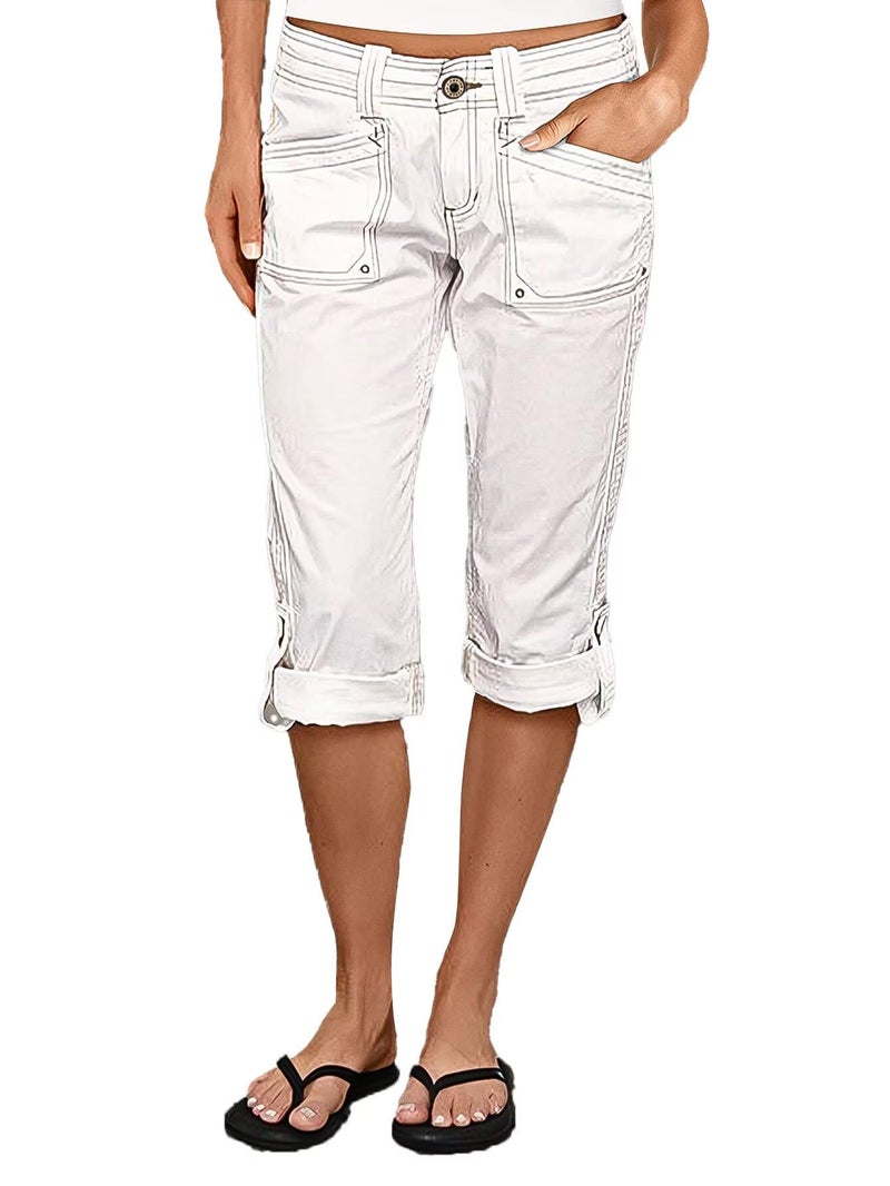 Flamingals Bermuda Shorts for Women Mid Rise Roll Hem Cargo Capris Summer Casual with Flap Pocket White L - Image 1