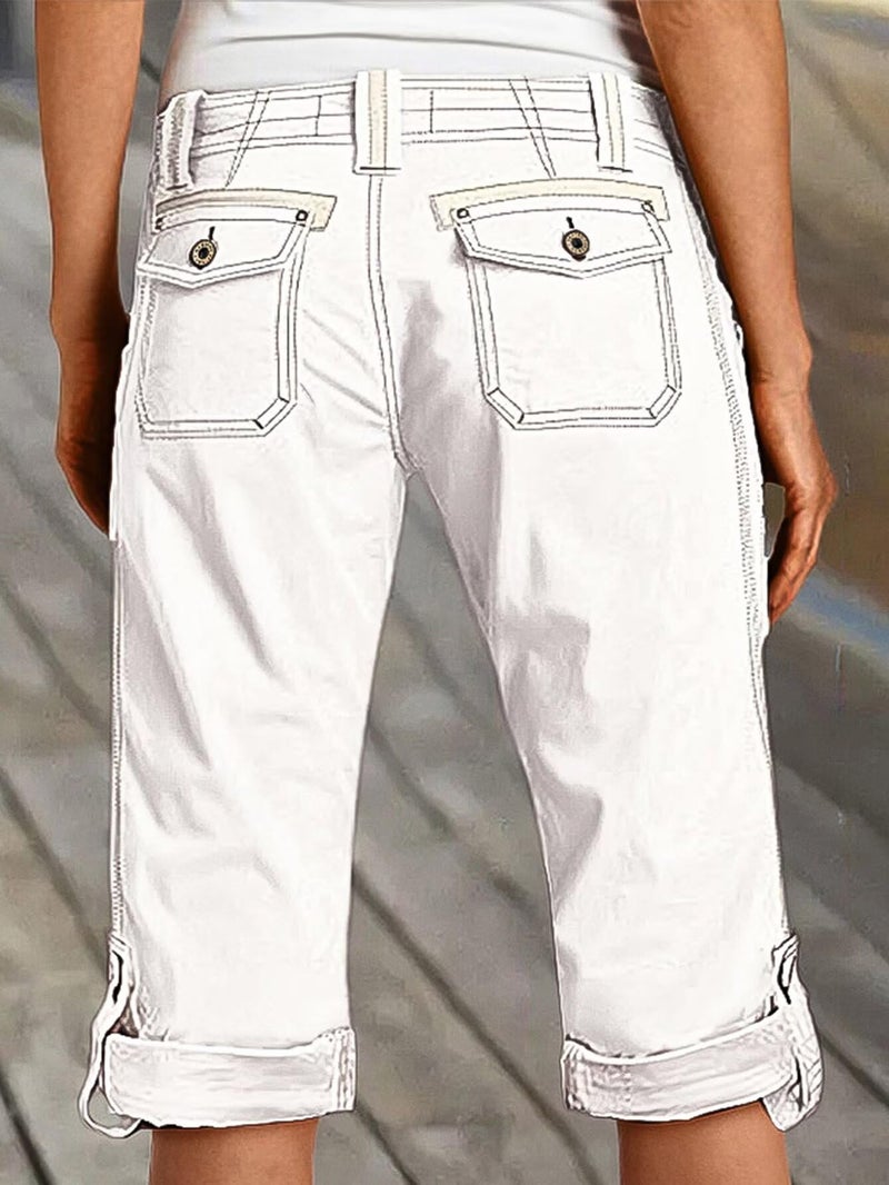 Flamingals Bermuda Shorts for Women Mid Rise Roll Hem Cargo Capris Summer Casual with Flap Pocket White L - Image 5