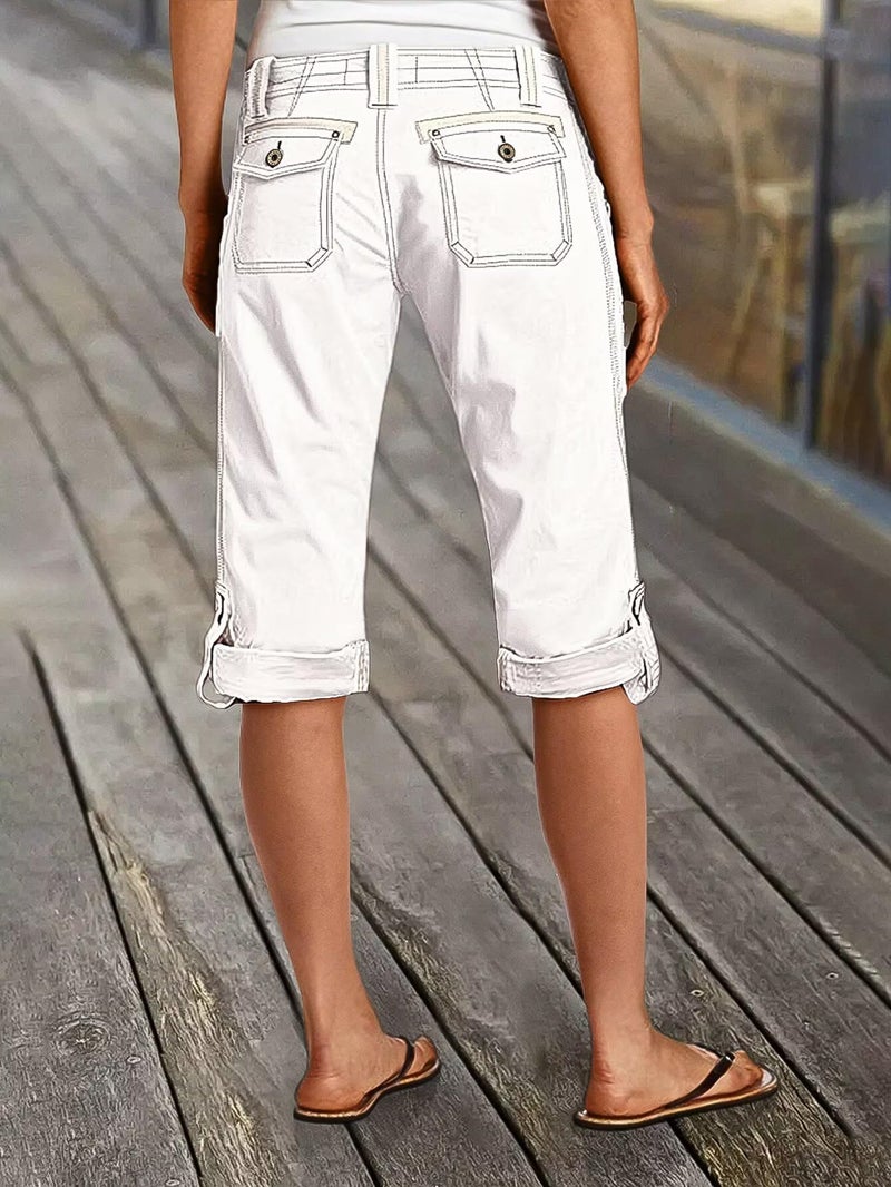 Flamingals Bermuda Shorts for Women Mid Rise Roll Hem Cargo Capris Summer Casual with Flap Pocket White L - Image 4