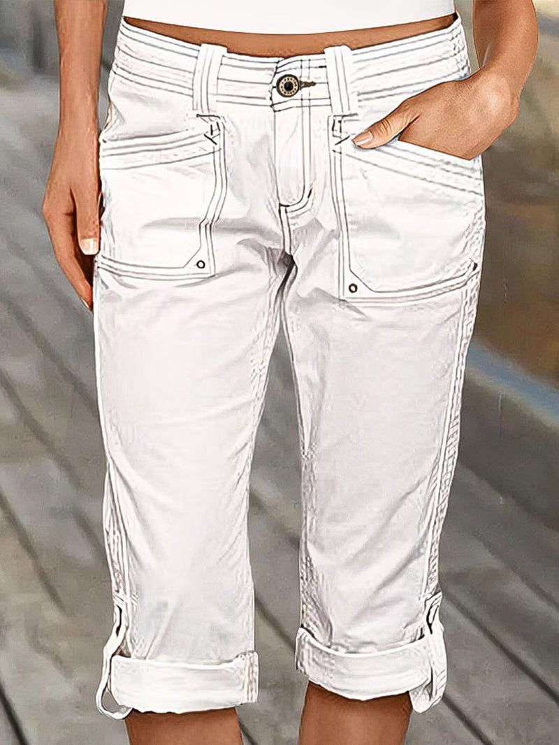 Flamingals Bermuda Shorts for Women Mid Rise Roll Hem Cargo Capris Summer Casual with Flap Pocket White L - Image 3