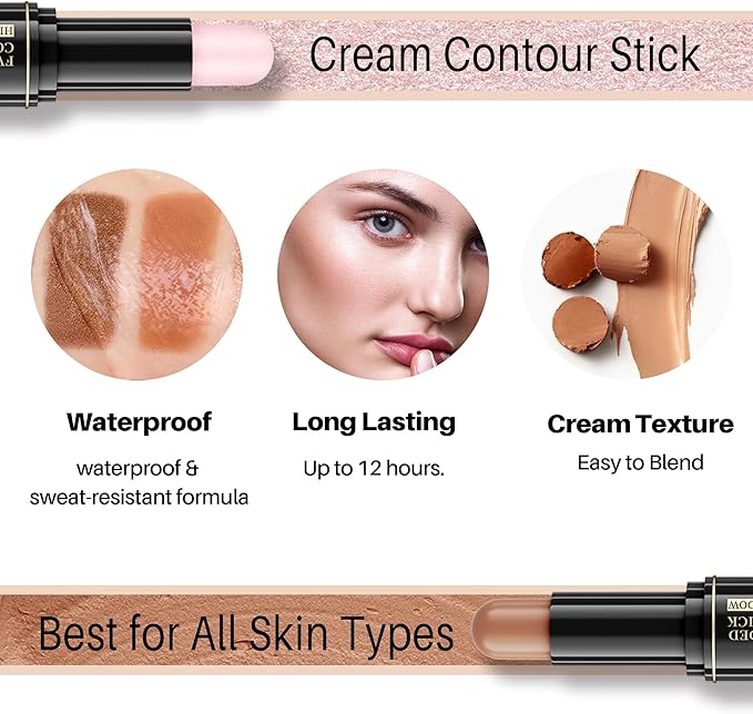 fv FV Cream Contour Stick DualEnded Contour and Highlighter Makeup Stick Easy Blend Bronzer Stick for 3D Face Body Shaping Long Lasting Waterproof Contour Pencil for LightMedium Skin Tone75g - Image 4