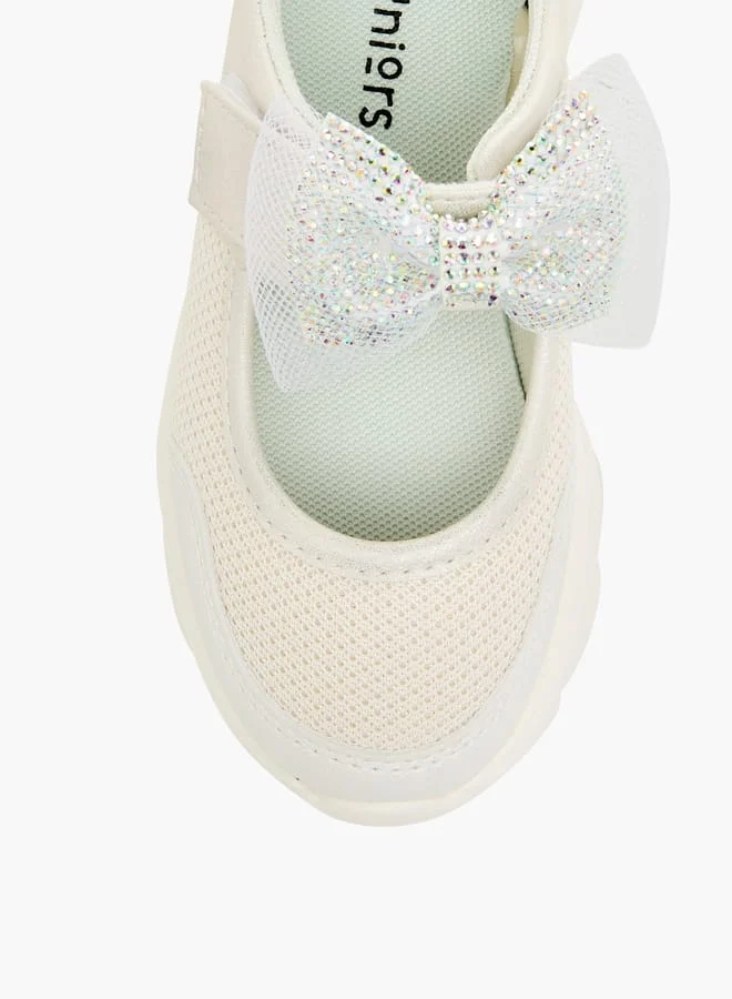 JUNIORS Girls Mesh Bow Detail Mary Jane Shoes with Hook and Loop Closure