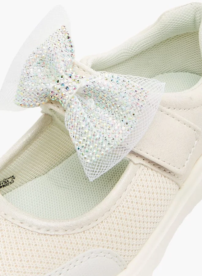 JUNIORS Girls Mesh Bow Detail Mary Jane Shoes with Hook and Loop Closure