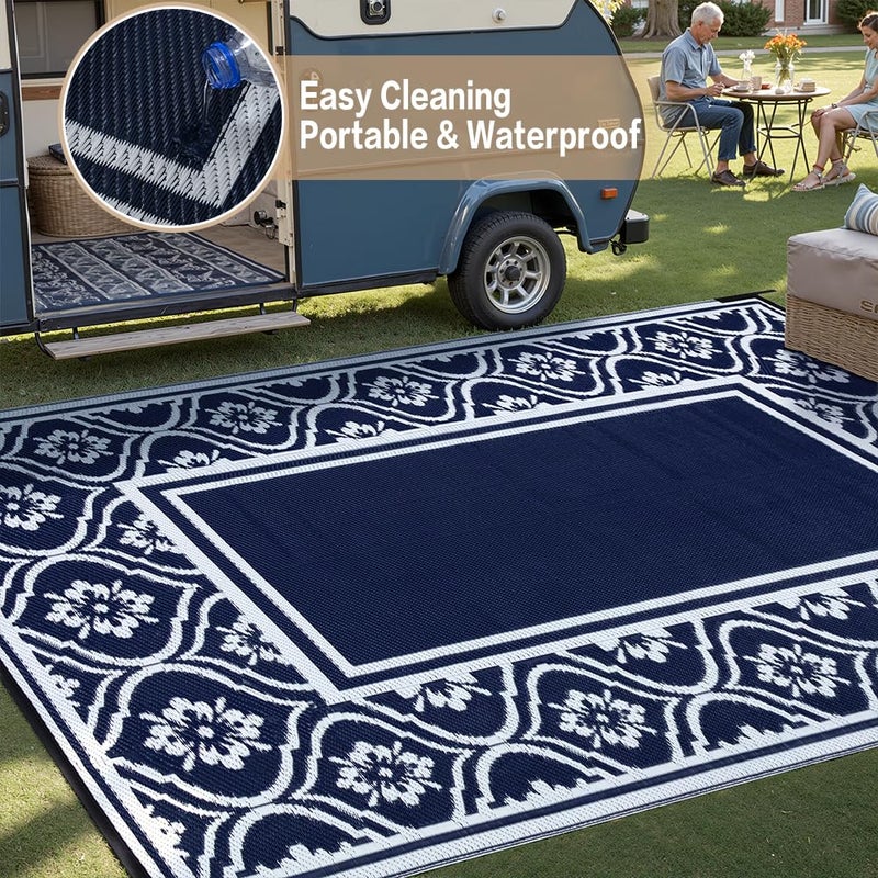 HUGEAR Outdoor Patio Rug 5'x8' Waterproof Outside Area Rugs Blue Reversible Plastic Straw Carpet for RV Deck Camping Entryance Porch Picnic Balcony Beach - Image 5