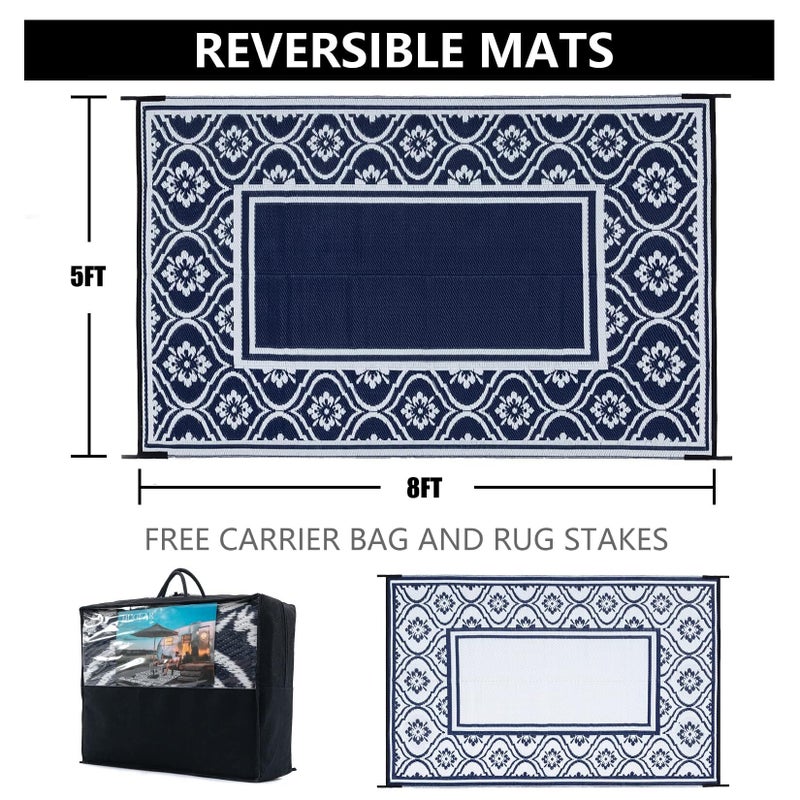 HUGEAR Outdoor Patio Rug 5'x8' Waterproof Outside Area Rugs Blue Reversible Plastic Straw Carpet for RV Deck Camping Entryance Porch Picnic Balcony Beach - Image 2