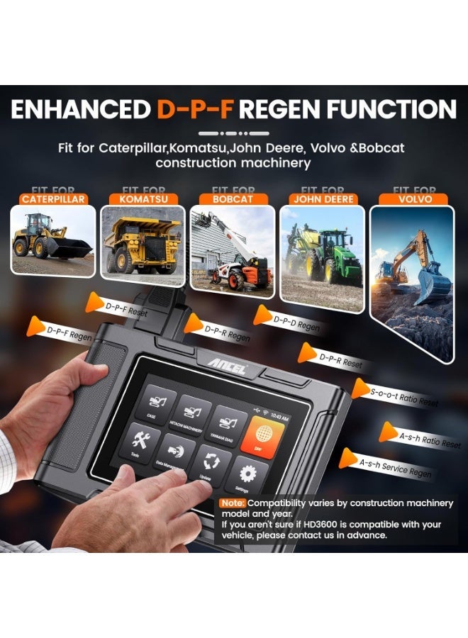 Ancel HD3600 Heavy Equipment Diagnostic Tool with DPF Regen, Full System Heavy Duty Truck Scanner Machinery Scan Tool Diesel Code Reader Fit for Cummins, Caterpillar, John Deere, Komatsu and More - Image 3