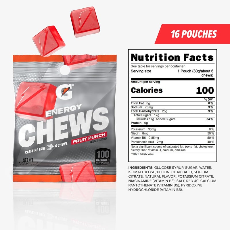 Gatorade Energy Chews Fruit Punch Caffeine Free B12 106 oz  100 Calorie Pouches 16 Pack - Image 2