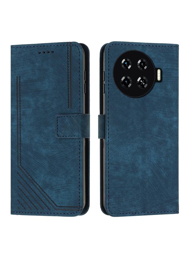 Green Tiger For Tecno Spark 20+ Skin Feel Stripe Pattern Leather Phone Case with Long Lanyard(Blue)