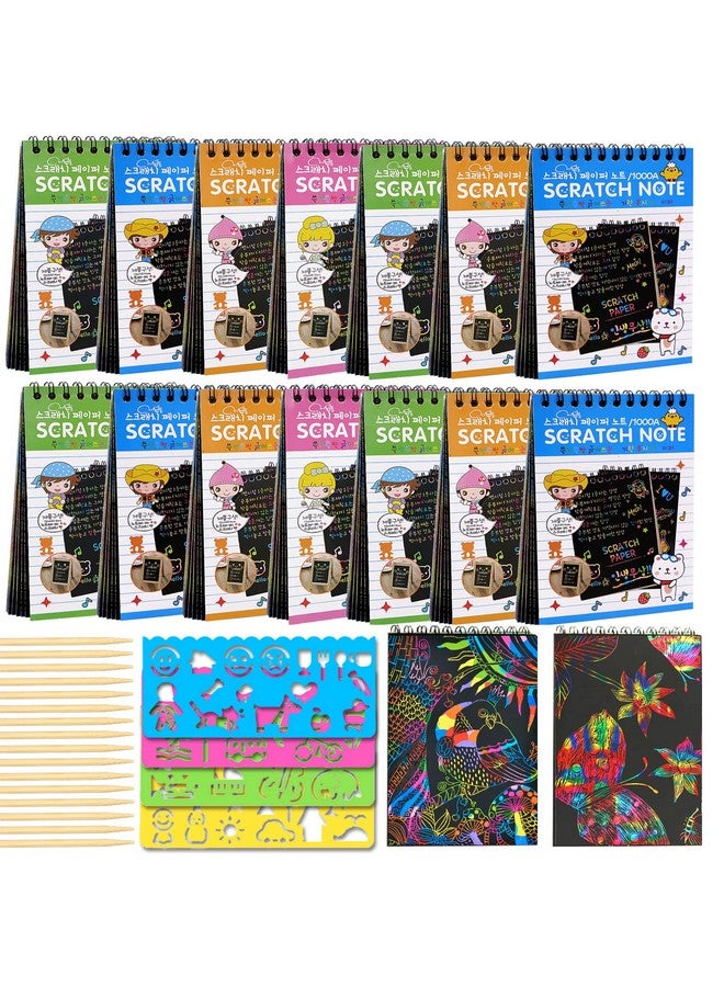 POKONBOY 16 Pack Scratch Arts and Crafts Notebooks, Scratch Note Pads for Kids Rainbow Party Favors Coloring Books for Kids Art Party Supplies Stocking Stuffers（16 Wooden Stylus & 4 Drawing Stencils） - Image 1