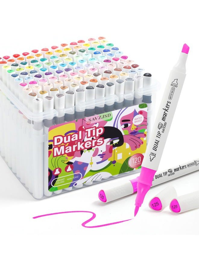 SAVZJSD [Water-Based Ink] 120 Colors Dual Tip Markers Set, Brush & Chisel Double Tipped Art Markers for Kids Adults Beginners & Artists in Coloring, Painting - Image 1