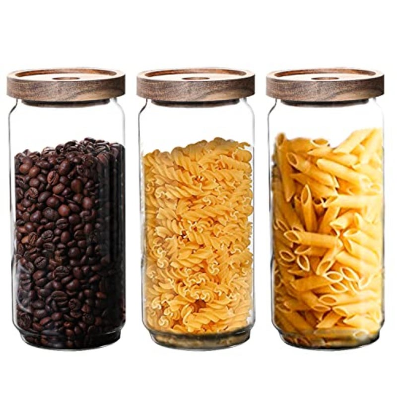 Glass Storage Jars with Acacia Wood Lids -Set of 3 Transparent Borosilicate Airtight Glass Container, Stackable Perfect for Storing Kitchen Food, Grains, Coffee Beans, Tea 3pcs, 1000mlbaihuo - Image 1