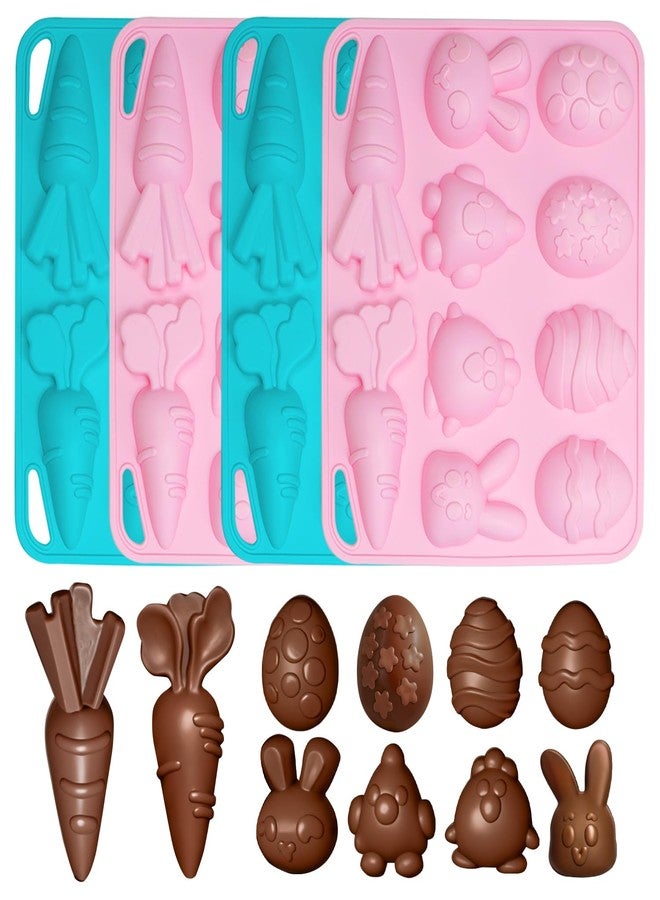 ANSEE Easter Silicone Molds for Chocolate, 4Pack Easter Candy Molds 3D Egg Bunny Carrot shapes Non Stick Moulds for DIY Chocolate, Fondant, Jelly, Ice Cube, Cake Decoration (Pink & Blue) - Image 1