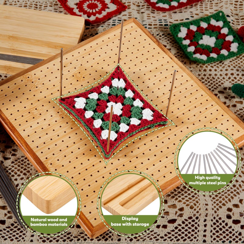 OAKWOOMA 11.8" Crochet Blocking Board with 20 Pegs Pins, Granny Square Blocking Board for Crochet Projects, Bamboo Blocking Boards for Crocheting and Knitting, Wooden Gifts for Crocheter - Image 3