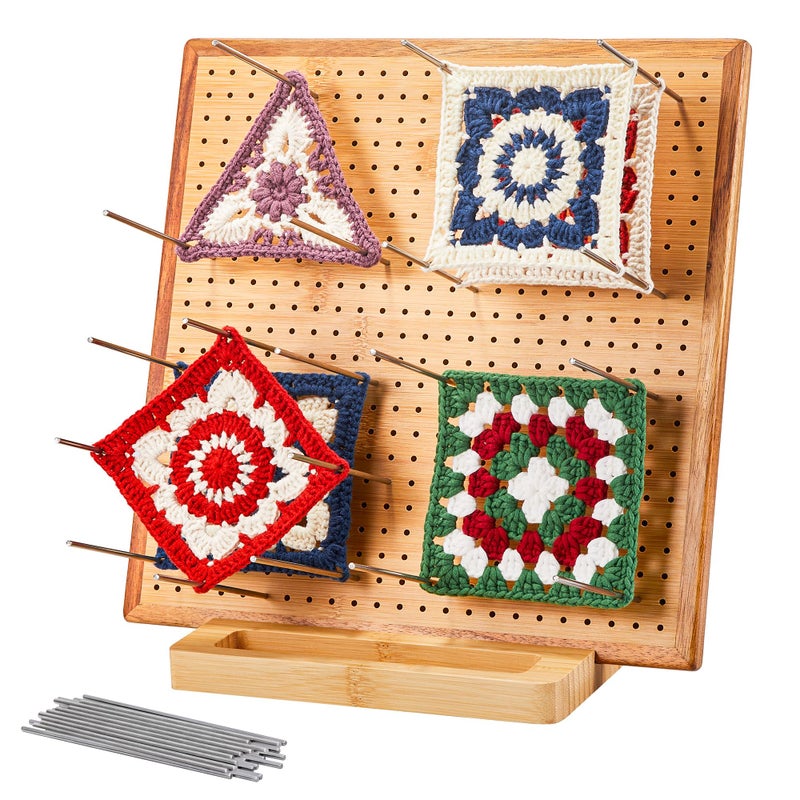 OAKWOOMA 11.8" Crochet Blocking Board with 20 Pegs Pins, Granny Square Blocking Board for Crochet Projects, Bamboo Blocking Boards for Crocheting and Knitting, Wooden Gifts for Crocheter - Image 1
