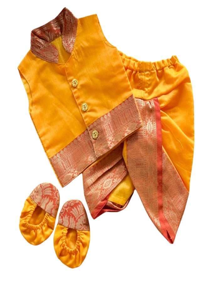 Picksparrow طقم شورت كورتا وبنطلون دهوتي للأطفال الرضع من بيكسبارو، مصنوع من مزيج القطن والحرير، زي تراثي مناسب لحفلات التسمية والمهرجانات (أصفر، 3-6 أشهر) - Image 1
