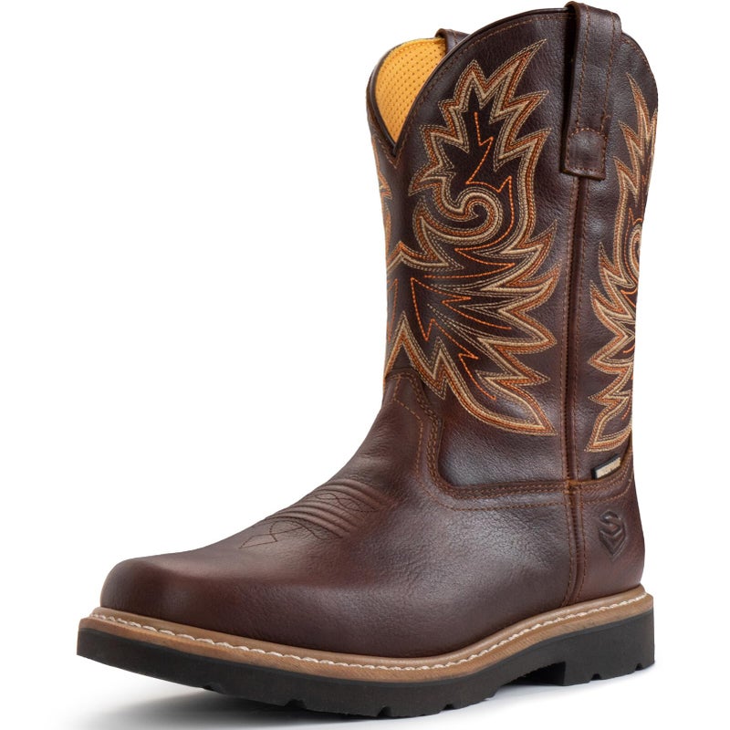 SUREWAY Mens Western Square Toe Cowboy Boots for Men,Soft/Steel Toe Full Grain Leather Slip On Pull On Work Boots for Construction Farming,Waterproof Steel Toe Dark Brown,Size 10 - Image 1