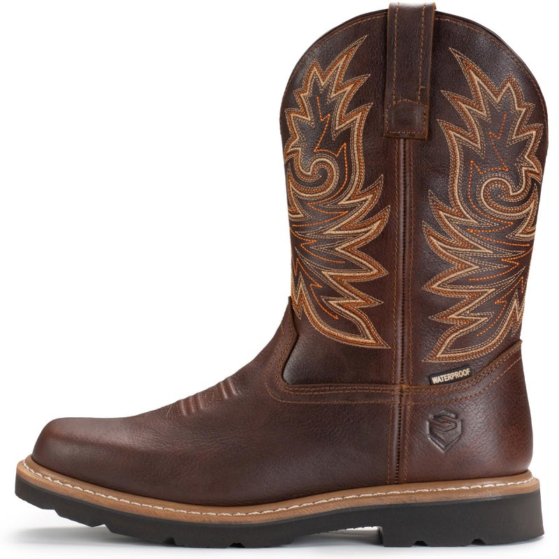 SUREWAY Mens Western Square Toe Cowboy Boots for Men,Soft/Steel Toe Full Grain Leather Slip On Pull On Work Boots for Construction Farming,Waterproof Steel Toe Dark Brown,Size 10 - Image 2