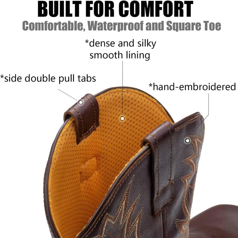 SUREWAY Mens Western Square Toe Cowboy Boots for Men,Soft/Steel Toe Full Grain Leather Slip On Pull On Work Boots for Construction Farming,Waterproof Steel Toe Dark Brown,Size 10 - Image 3