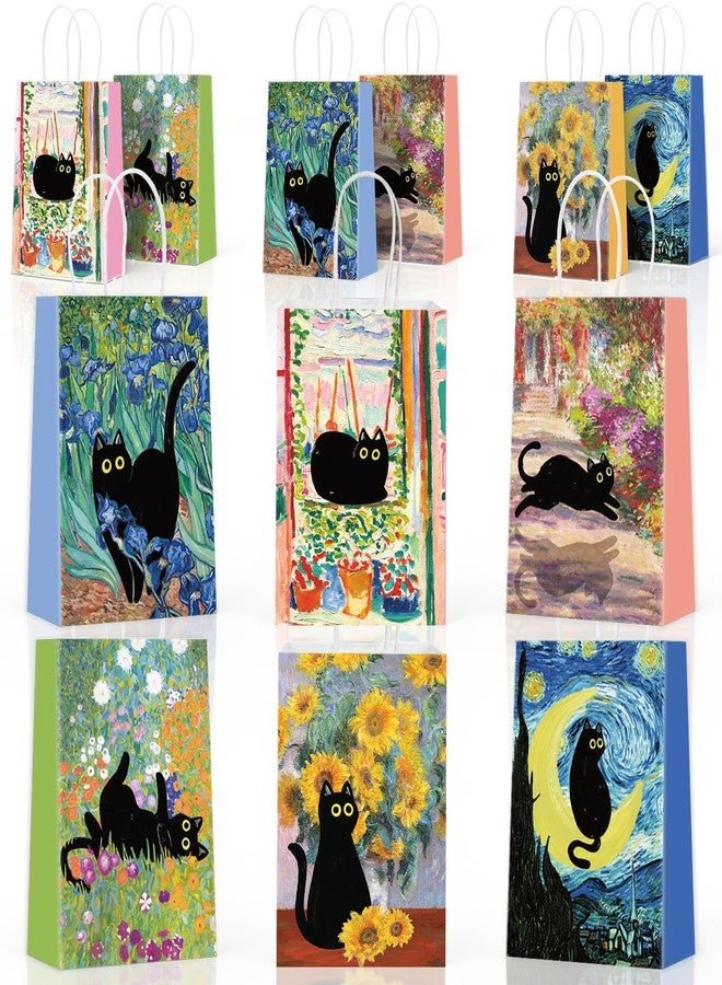 FYSUIMU 18Pcs Black Cat Painting Paper Gift Bag Floral Animal Candy Bag with Handle Cute Flower Goody Treat Bags for Spring Party Favor Supplies, 5.9 x 8.3 x 3.1 Inch - Image 1