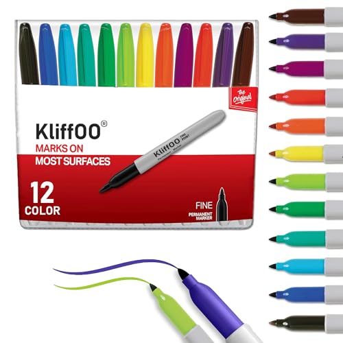 KLIFFOO 12 Colors Permanent Colouring Marker Pen, Colorful Fine Point Bullet Tip Art Marker Sketch Pen for Drawing, Writing, Painting, Sketching, Works on Wood, Plastic, Metal, and More (12) - Image 1