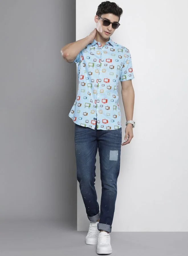 شركة المرآب الهندية Men Regular Fit Conversational Printed Half Sleeves Spread Collar Casual Shirt
