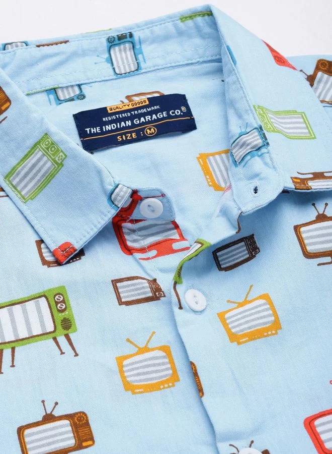 شركة المرآب الهندية Men Regular Fit Conversational Printed Half Sleeves Spread Collar Casual Shirt