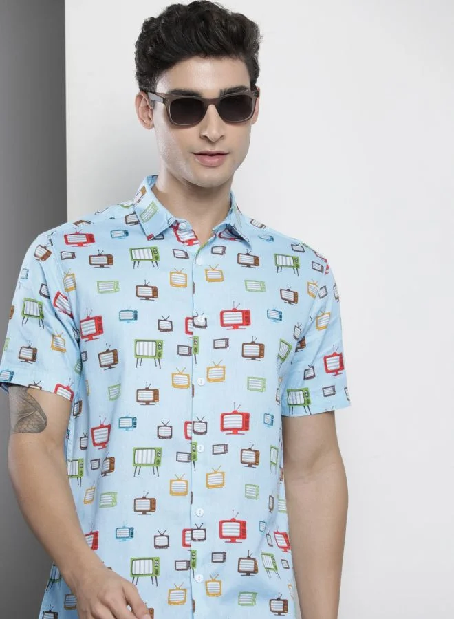 شركة المرآب الهندية Men Regular Fit Conversational Printed Half Sleeves Spread Collar Casual Shirt
