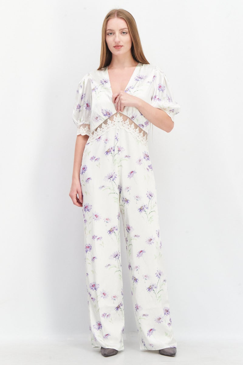 Hope & Ivy Women Floral Print Short Sleeve Jumpsuit, Cream Combo - Image 1