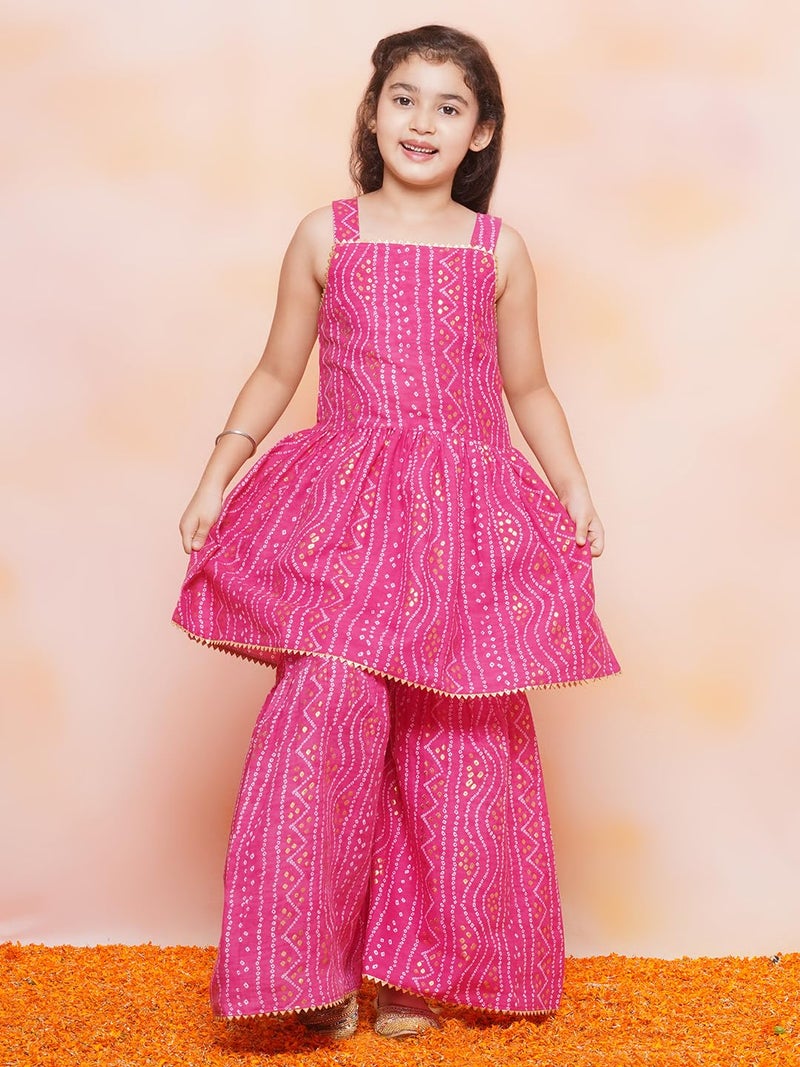 AJ DEZINES Kids Ethnic Wear Cotton Bandhani Printed Sleeveless A Line Pink Kurta Sharara Set For Girls (G-1115-PINK-22) - Image 2