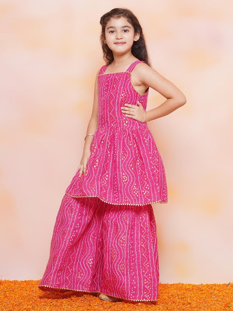 AJ DEZINES Kids Ethnic Wear Cotton Bandhani Printed Sleeveless A Line Pink Kurta Sharara Set For Girls (G-1115-PINK-22) - Image 5