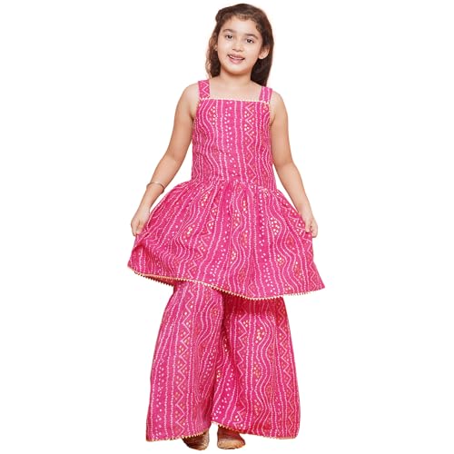 AJ DEZINES Kids Ethnic Wear Cotton Bandhani Printed Sleeveless A Line Pink Kurta Sharara Set For Girls (G-1115-PINK-22) - Image 1