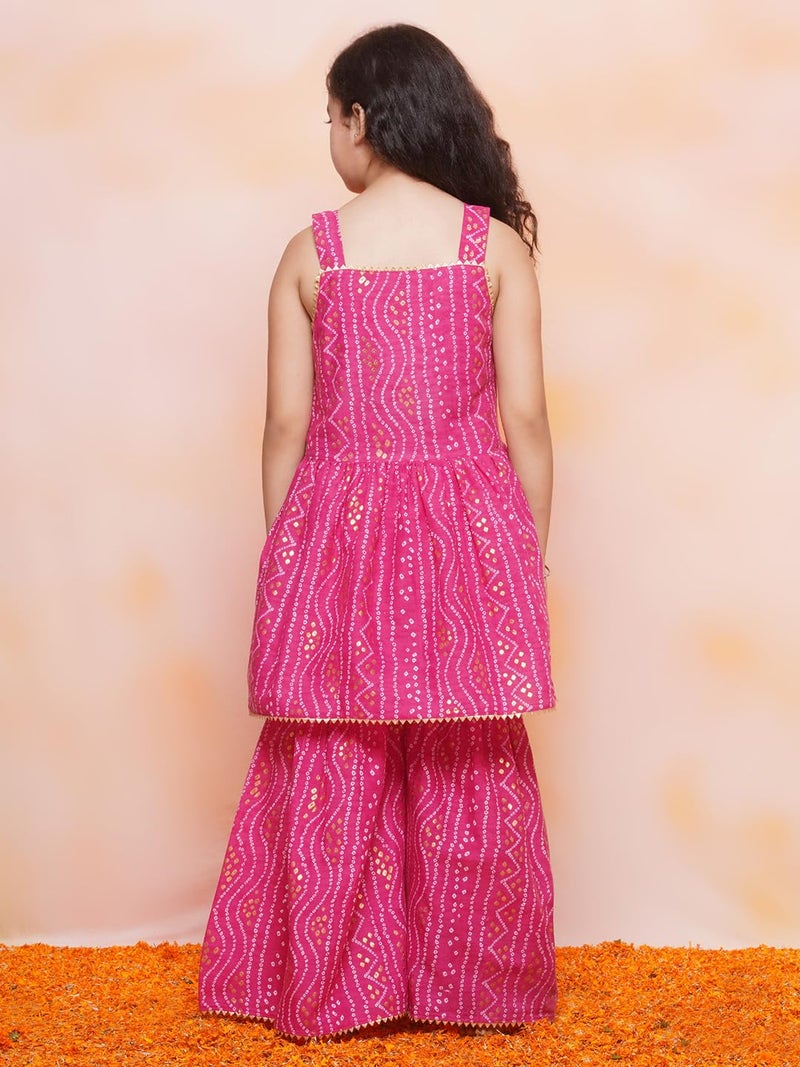 AJ DEZINES Kids Ethnic Wear Cotton Bandhani Printed Sleeveless A Line Pink Kurta Sharara Set For Girls (G-1115-PINK-22) - Image 4